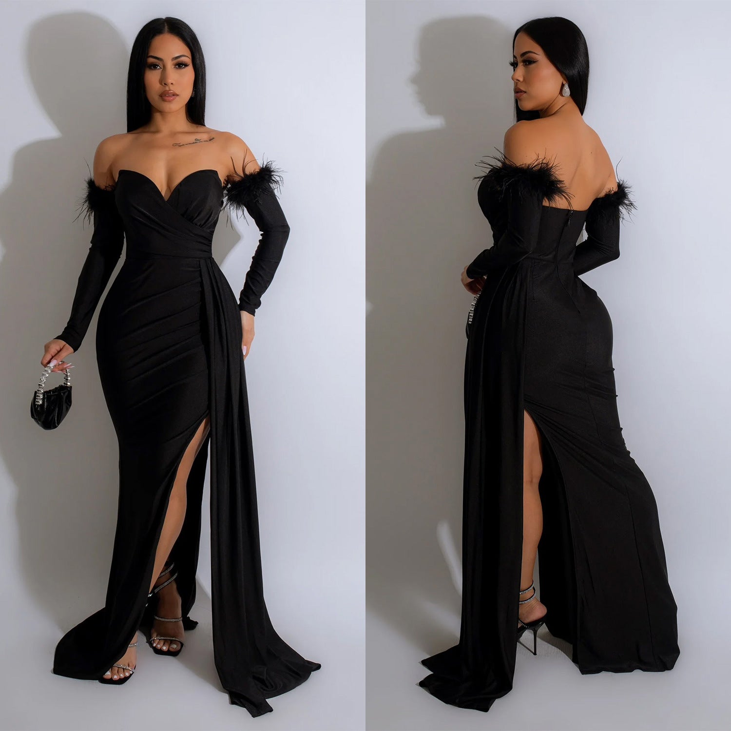 Fashion Women's Solid Color Pleated Low Back Slit Maxi Dress 5