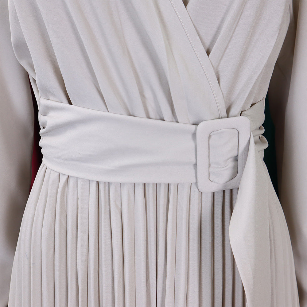 V-Neck Chic Elegant Slim Waist Belted Pleated High Waist Plus Size Dress 51