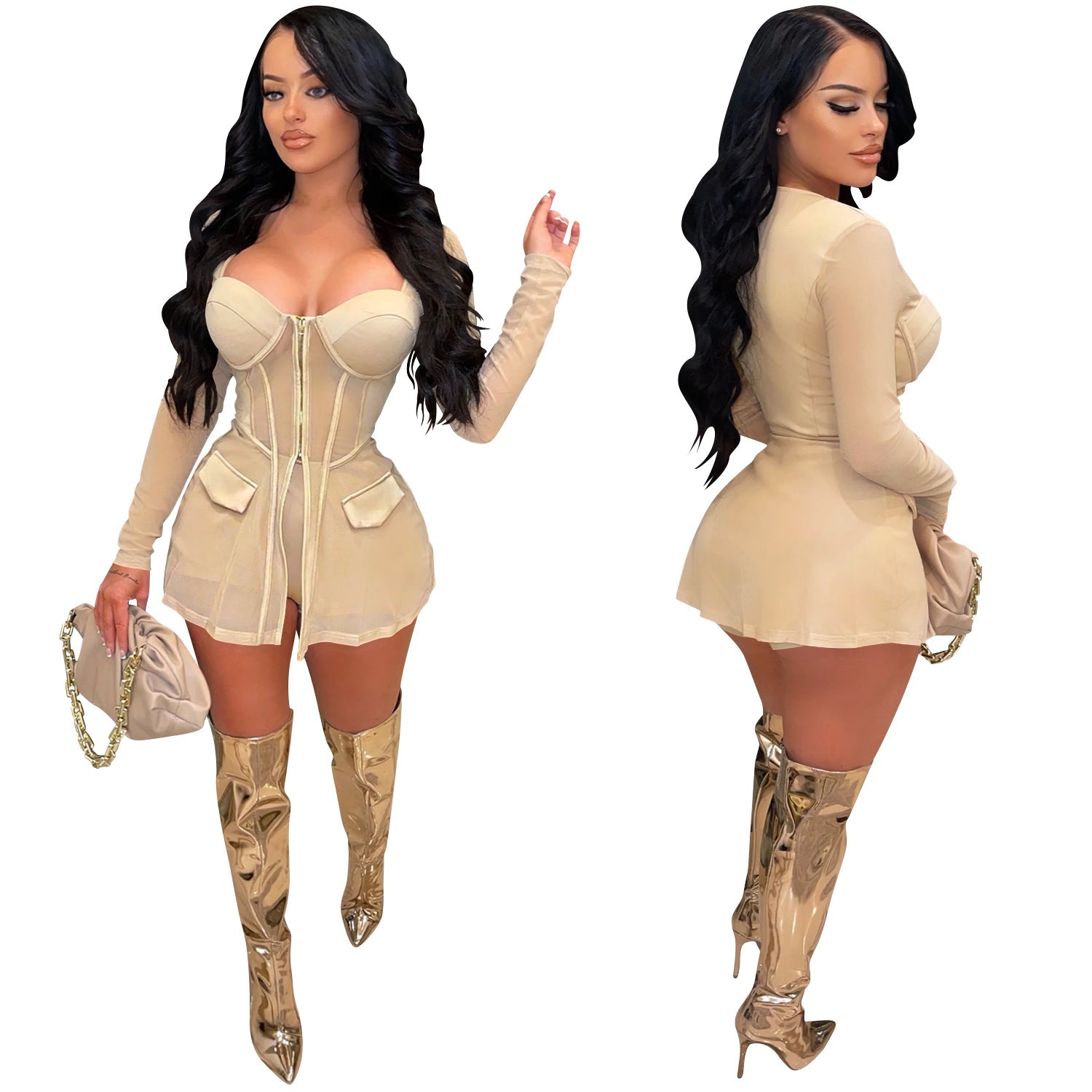 Women Mesh See-Through Long-Sleeved Top and Shorts Two-Piece Set 27