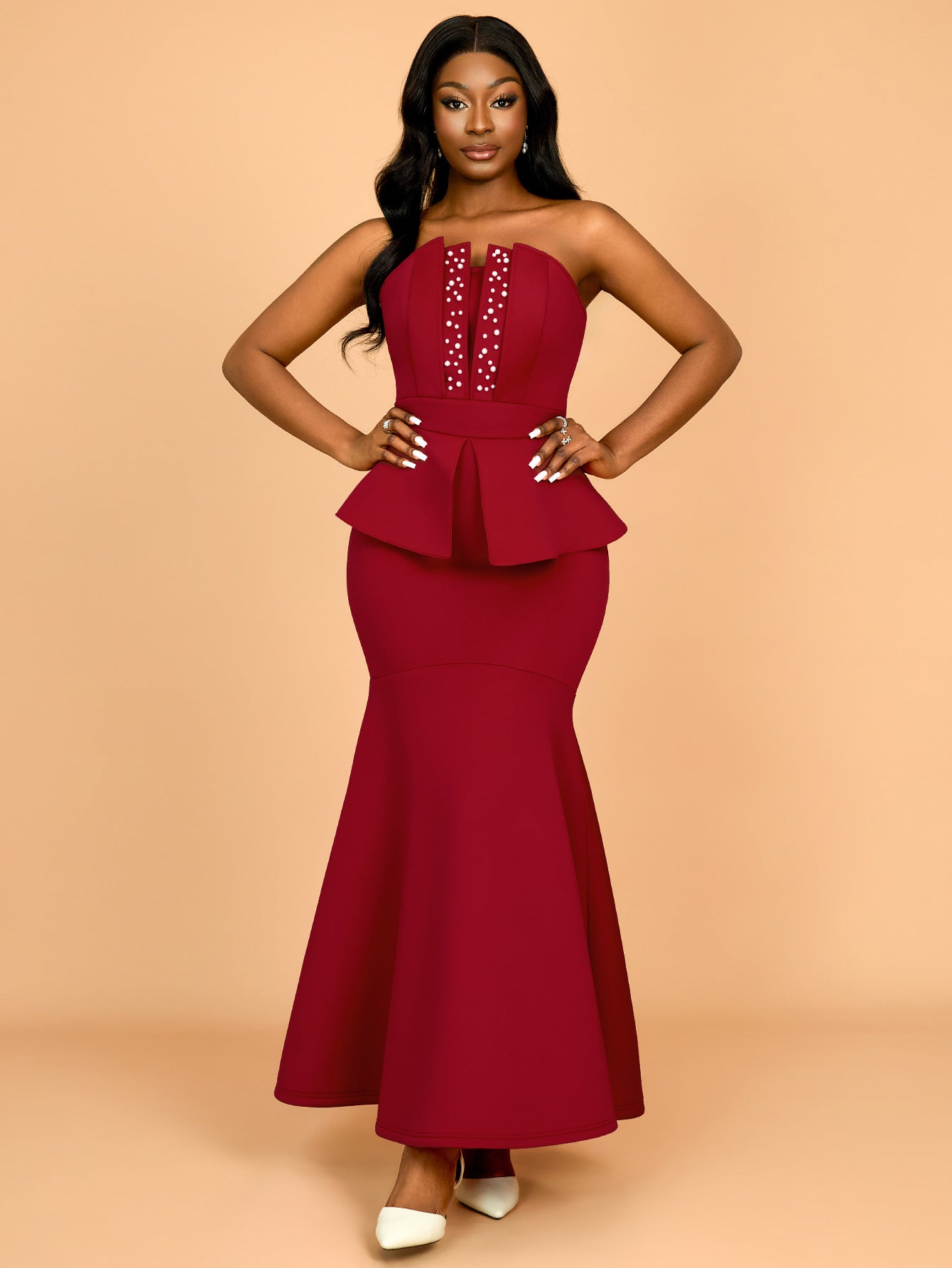 Strapless Beaded Fishtail Ruffled Slim Long Evening Dress 11