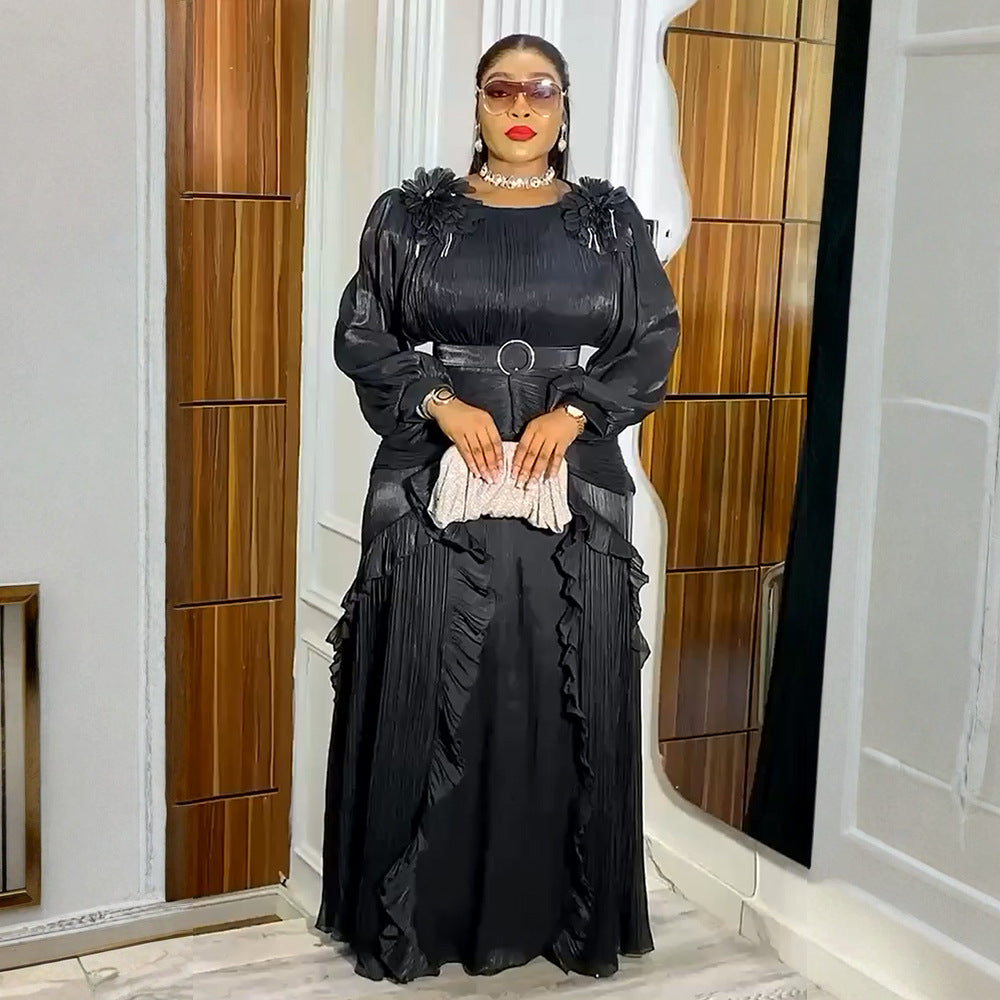 Plus Size African Women Floral Pleated Long-Sleeve Dress 4