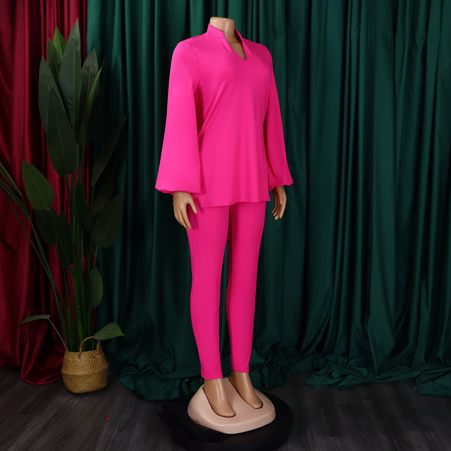 Women's Fall Winter Fashion Solid Color Plus Size V Neck Long Sleeve Top Pants African Suit 20