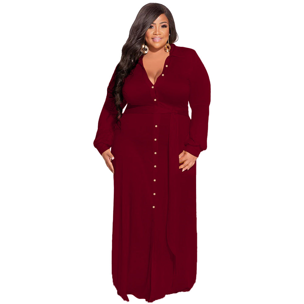Plus Size Women Solid Tie Long Sleeve Shirt Dress 10