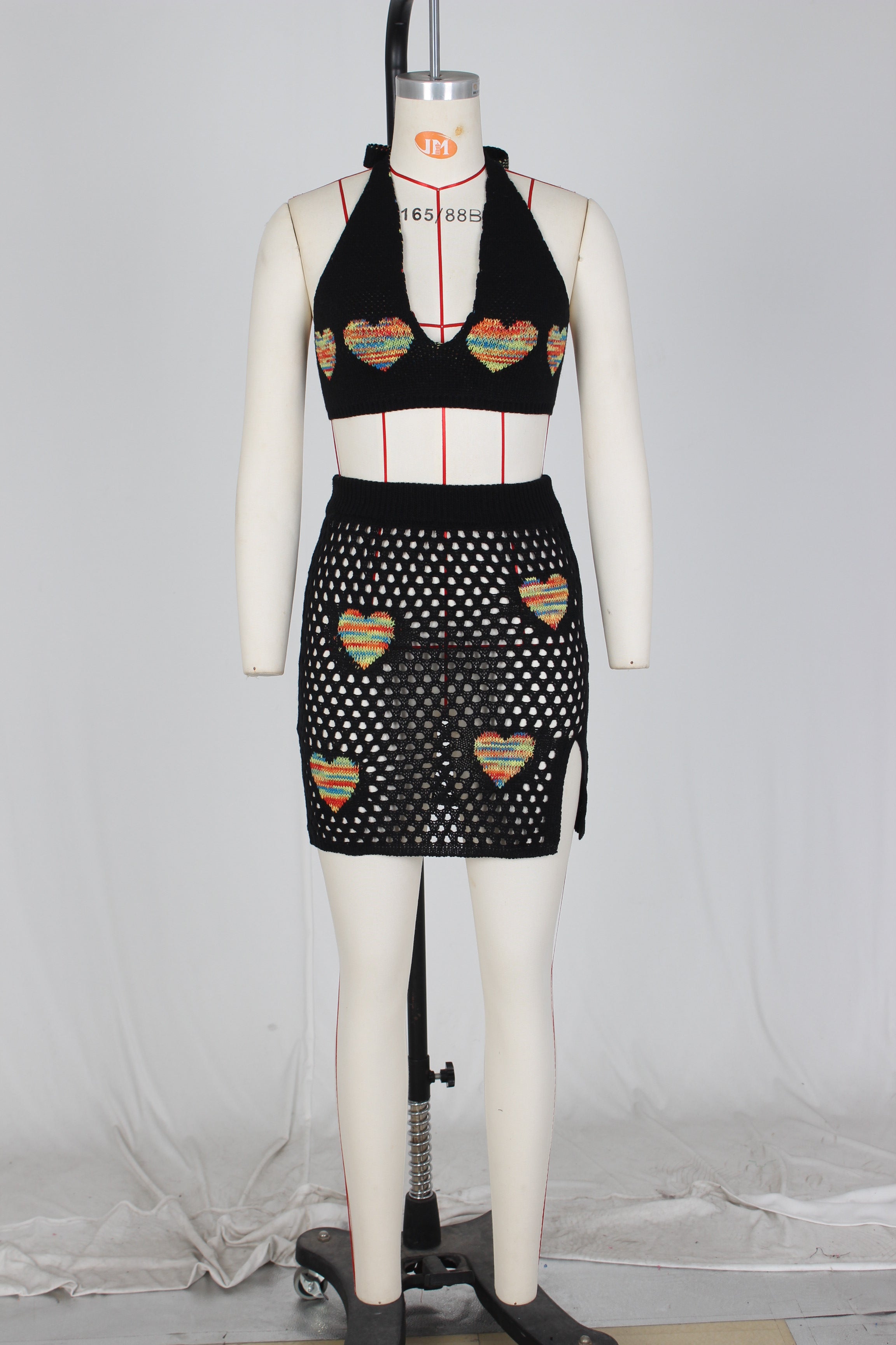 Women's Sexy Heart Print Jacquard Hollow Knitting Beach Fashion Two Piece Skirt Set 15