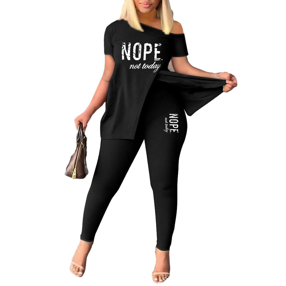 Women's Casual Fashion Graphic Print Slit Short Sleeve Top Pants Two Piece Set 10