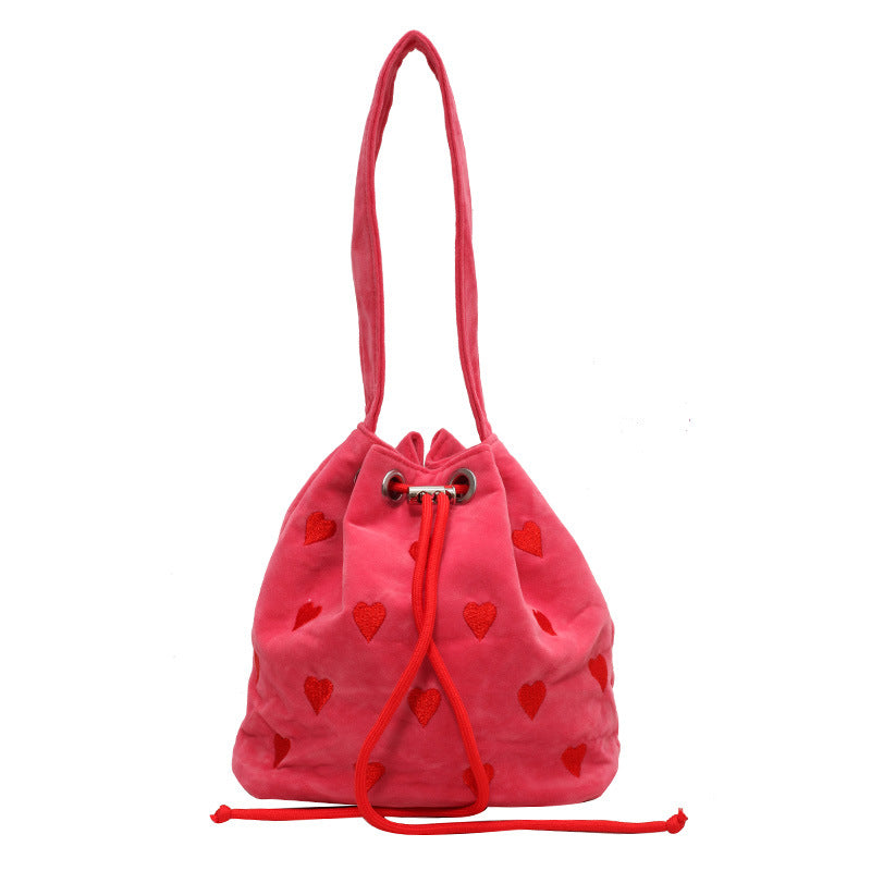 Women embroidery Heart Print drawstring pink handbag single shoulder crossbody bucket bag