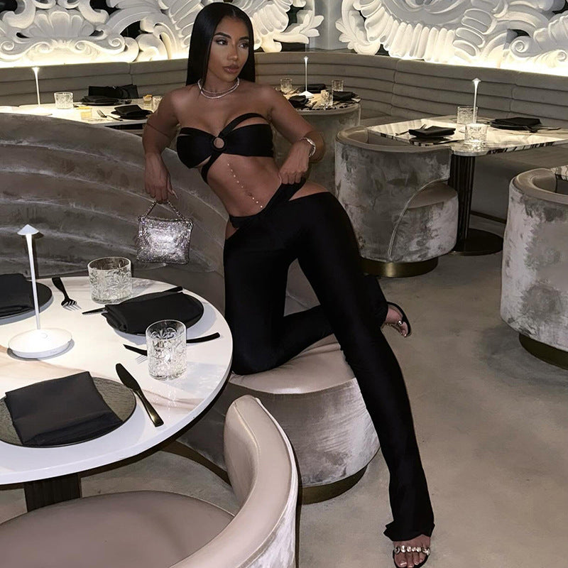 Women Summer Solid Hollow Sleeveless Halter Neck Crop Top and Pants Two-Piece Set 5