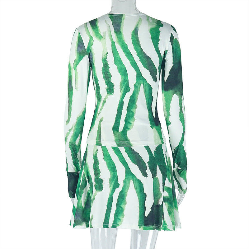 Women Printed Turtleneck Top and Skirt Two-piece Set 12