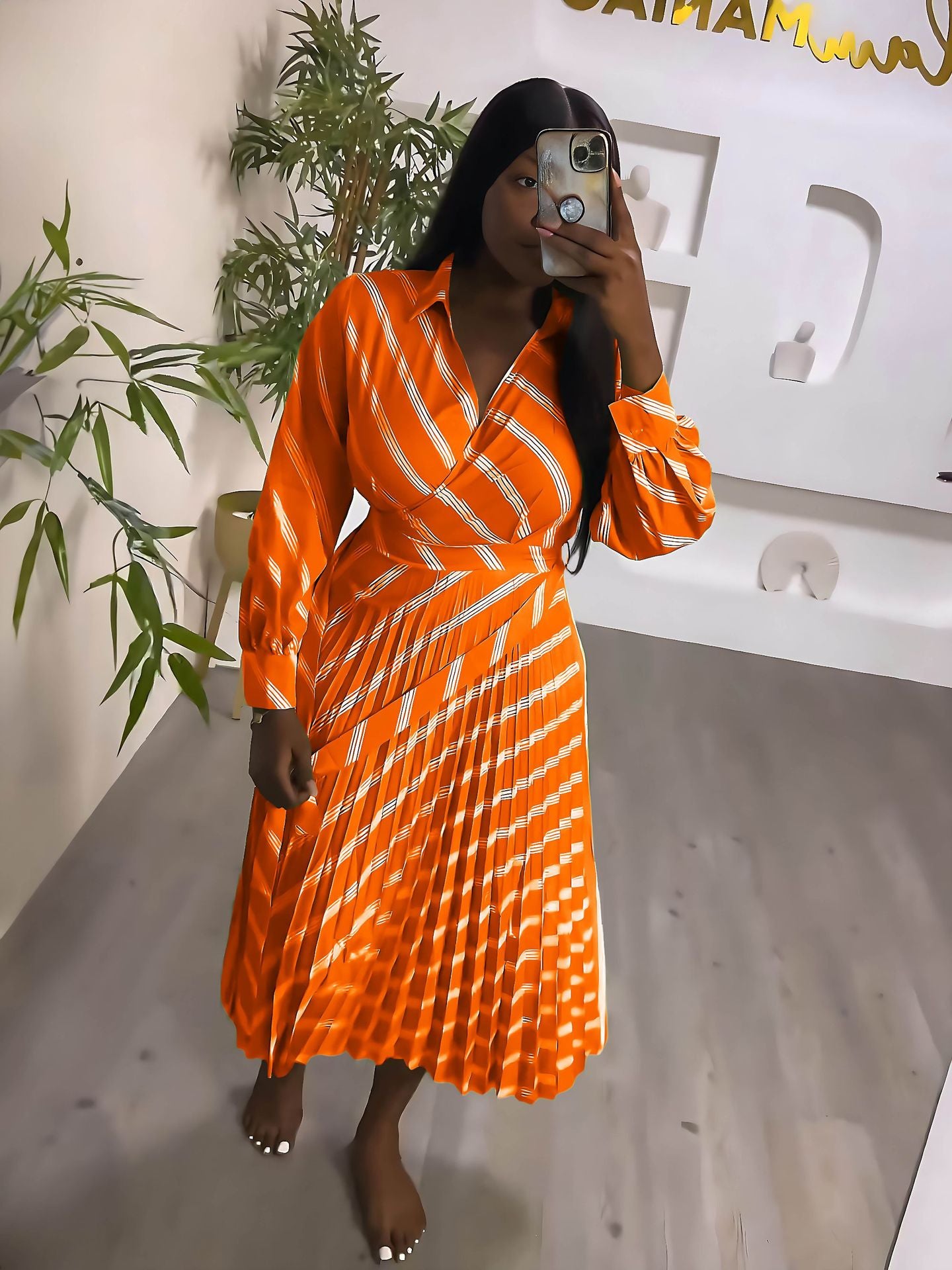 Striped Turndown Collar Casual Summer Women's  Pleated Slim Waist Long Dress 5