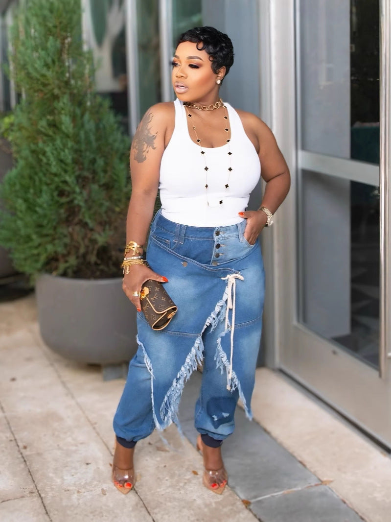 Women Ripped Lace-up Denim Pants 3