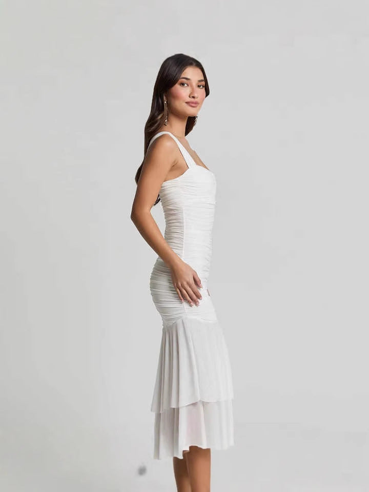 Fashionable Sexy Strap Mesh Patchwork Pleated Fishtail Dress 4