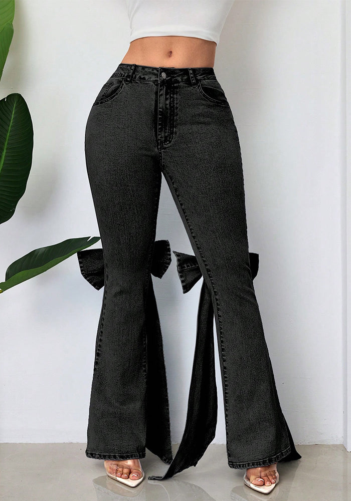 Bow Tie Stretch Mid-Waist Denim Bell Bottom Pants