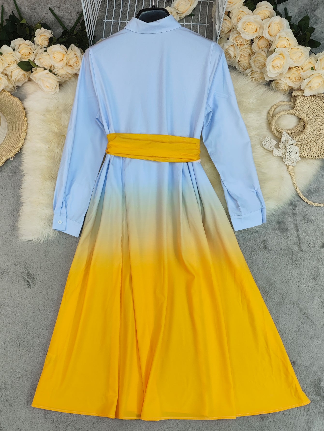 Summer Women's Fashion Gradient Long Sleeve Loose Tie Waist Shirt Dress 7