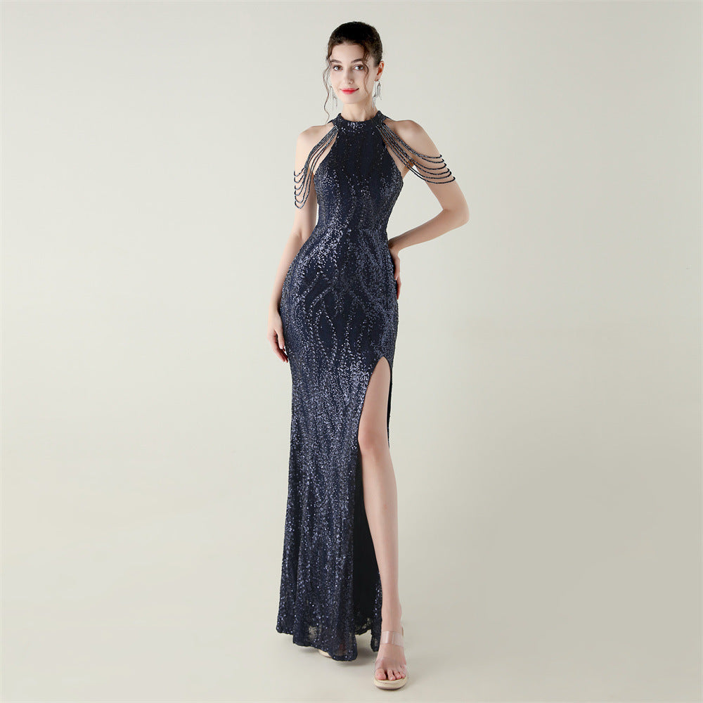 Sequin Beaded Off-Shoulder Halter Fishtail Evening Dress 20
