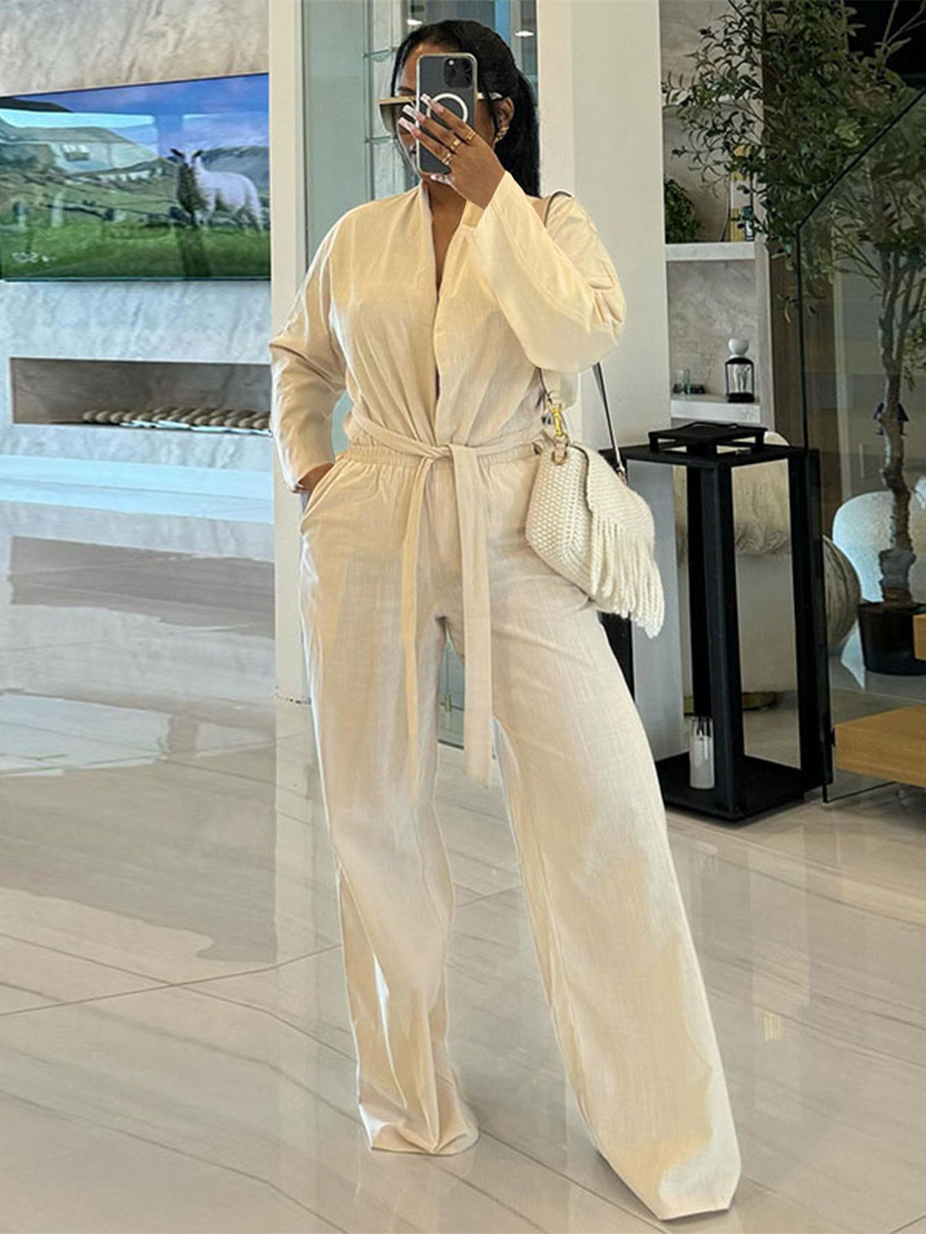 Women's Autumn Winter Elegant Solid Color Long Sleeve Lace-Up Belt Top Elastic Waist Pocket Straight Pants Two Piece Set 3