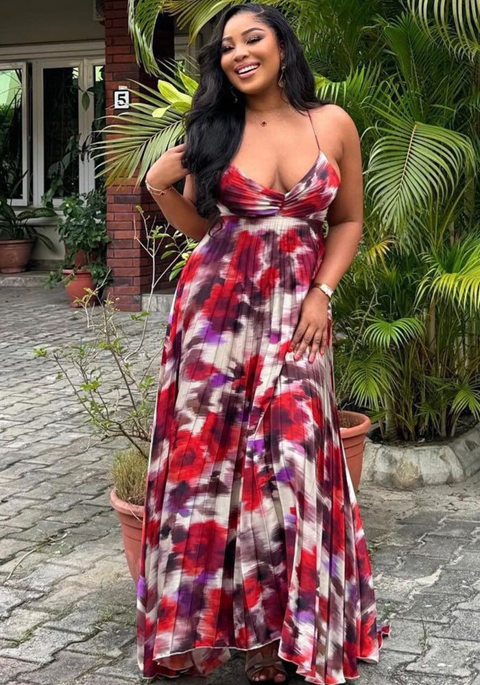 African print pleated strap long sexy dress for women
