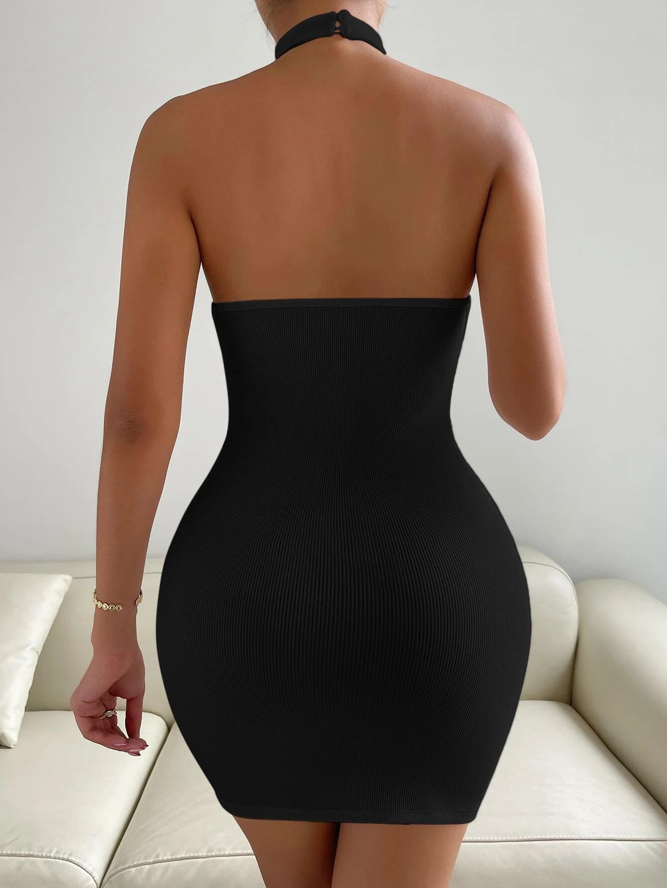Women's Ribbed Halter Neck Backless Bodycon Dress 4