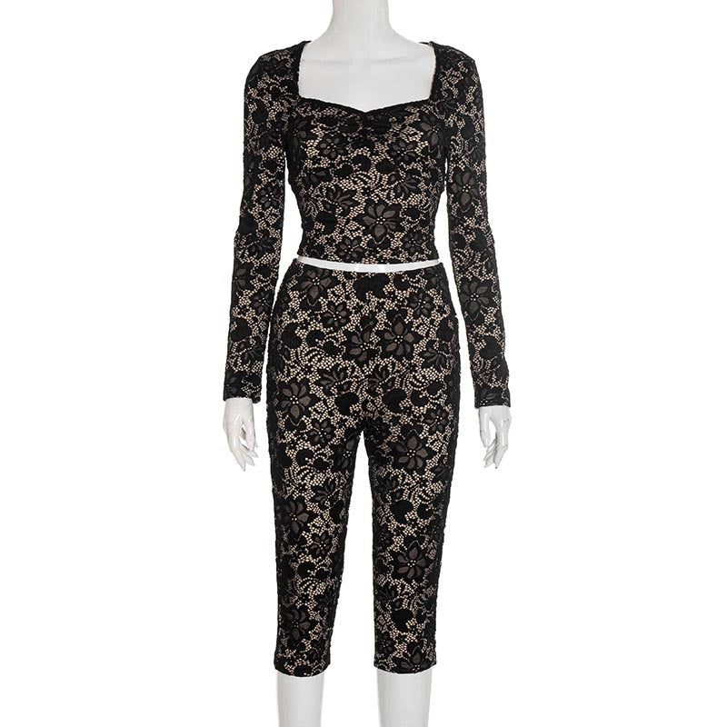 Women's Lace See-Through Long Sleeve Top & Tight Fitting Pants Two-Piece Set 4
