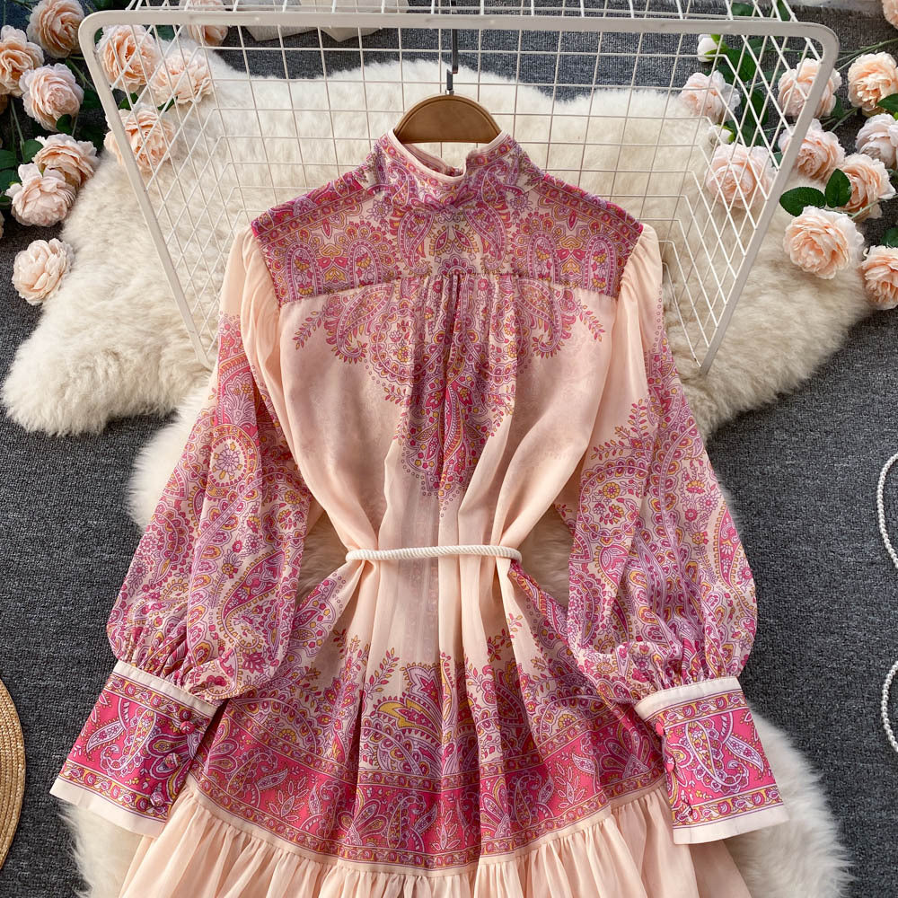 Women Stand Collar Balloon Sleeve Printed Dress 20