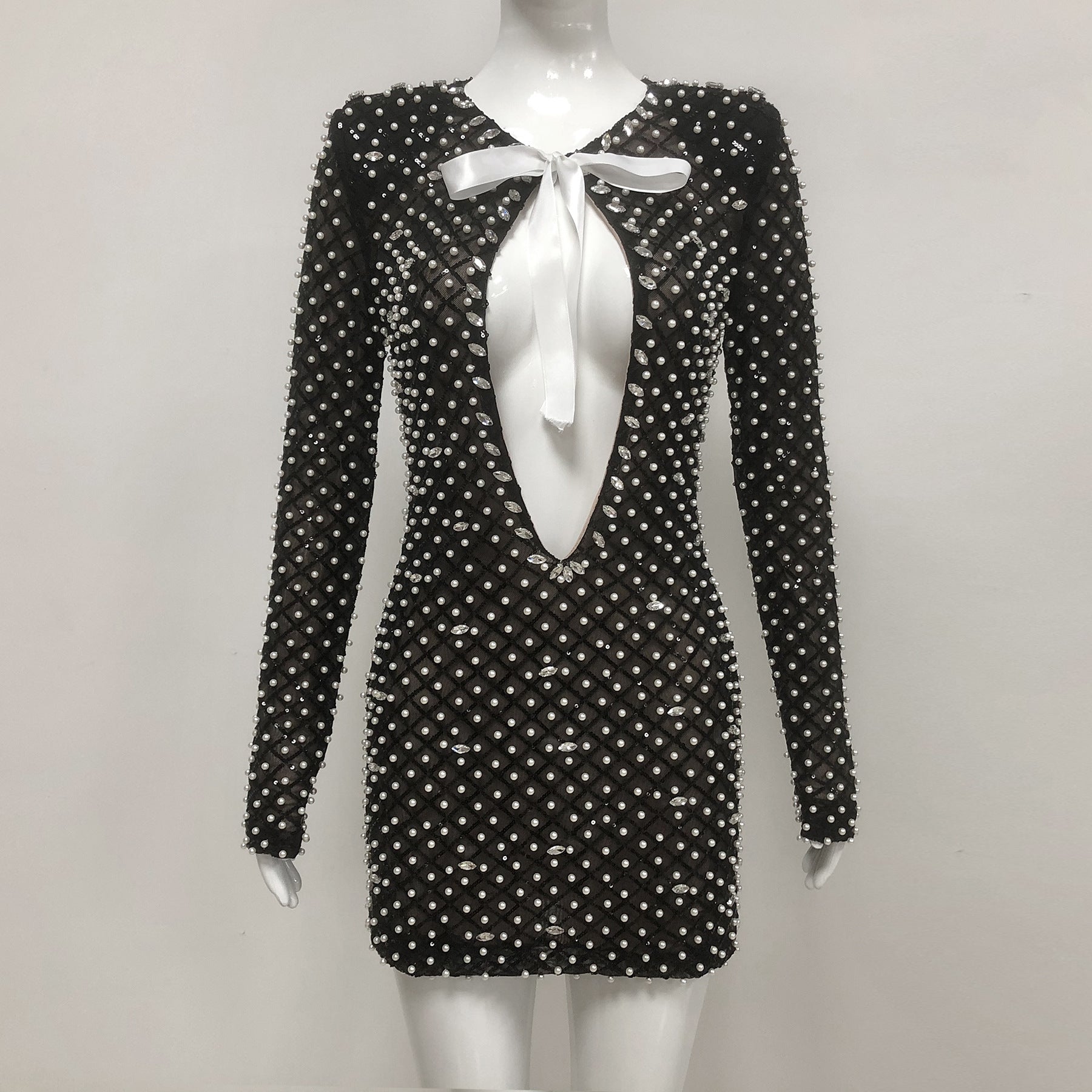 Women long-sleeved beaded rhinestone V Neck party bandage dress 3