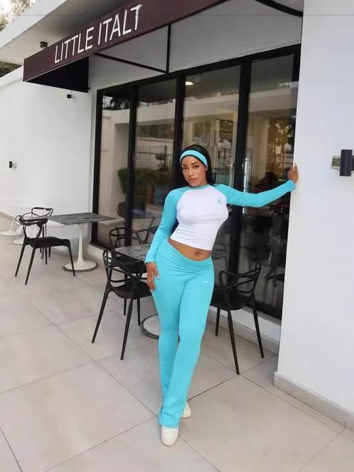 Women's Autumn Contrast Color Round Neck Slim Long Sleeve Two Piece Pants Set 10