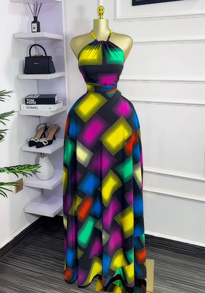 Summer Womenƒ??s Sleeveless Halter Neck Color-Block Slim Waist Tie-Front Chic Maxi Dress