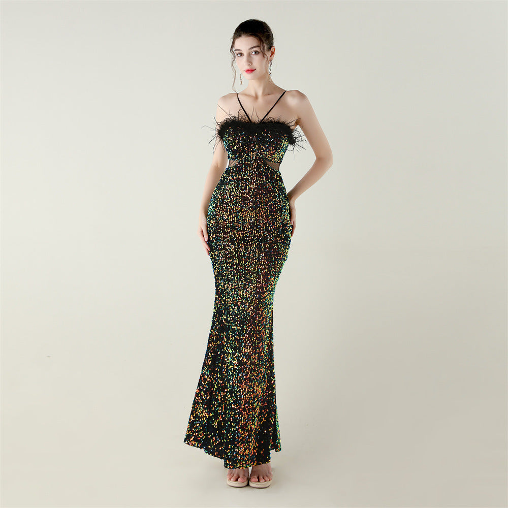 Velvet Sequin Feather Fishtail A-Line Evening Gown 13