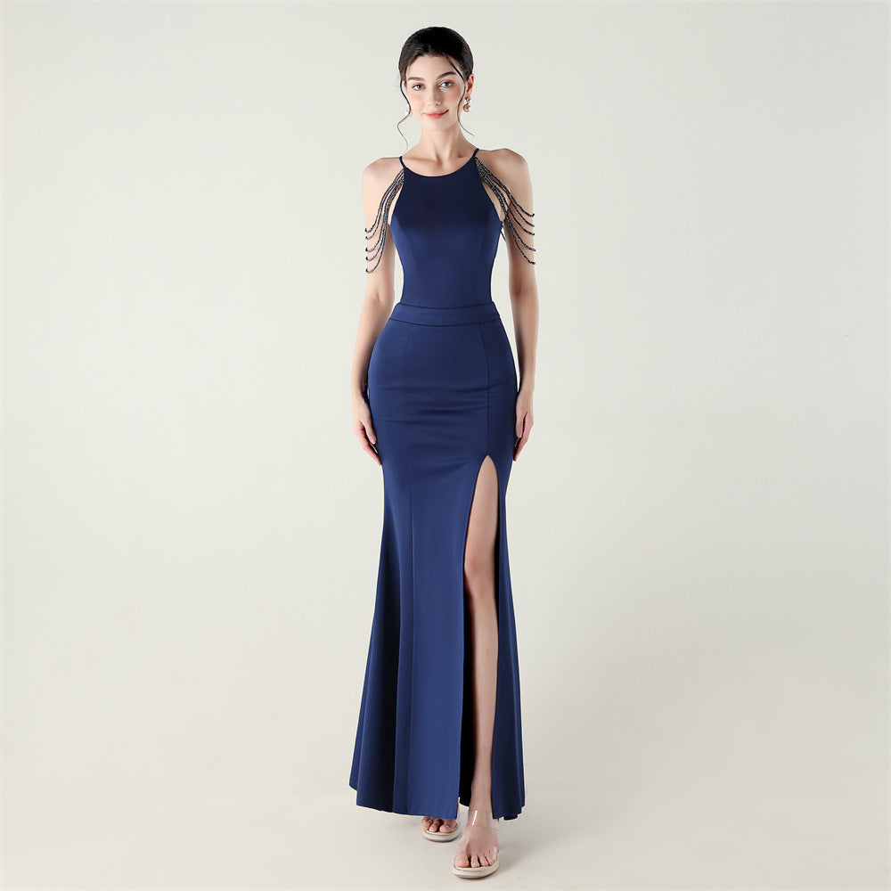 Women beaded off-shoulder one-shoulder slit evening dress 15