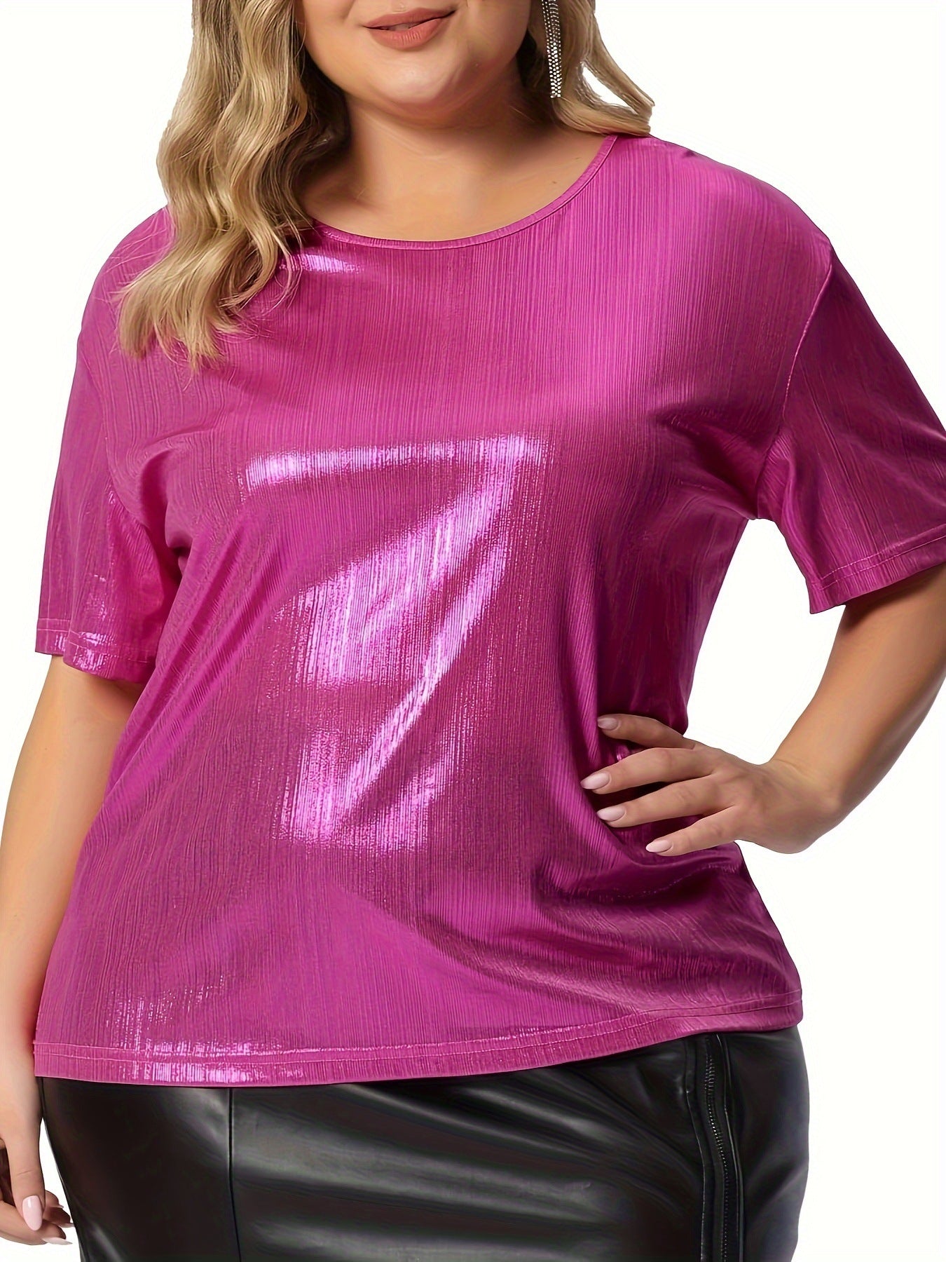 Summer Loos Plus Size Round Neck Solid Color Short Sleeve T-Shirt 5