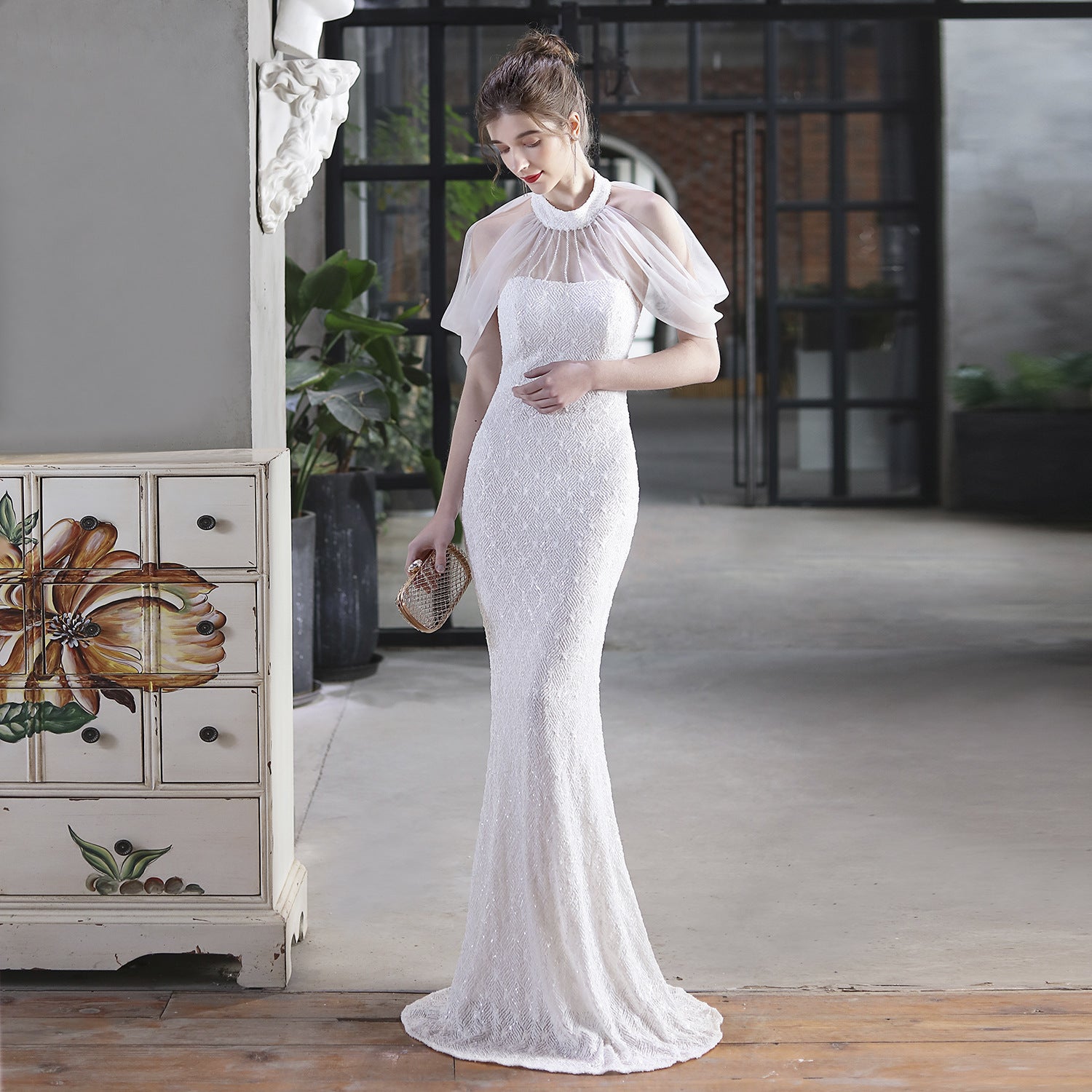 Sequin Mesh Halter-Neck Fishtail Bride Long Wedding Dress 9