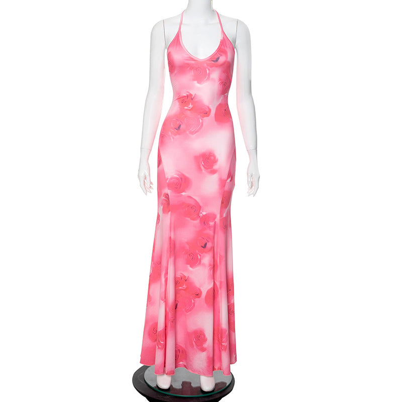 Women Summer Casual Printed Backless Strappy Fishtail Maxi Dress 7