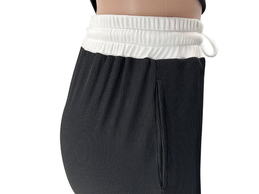 Spring Summer Style Round Neck Contrast Color Short Sleeve Top Women's Fashion Casual Wide Leg Pants Sports Two Piece Set 19