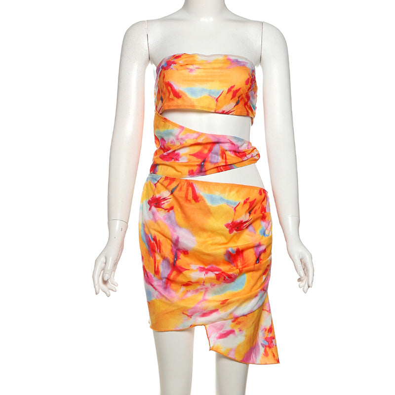 Women Summer Sexy Contrast Backless Bodycon Hollow Strapless Dress 7