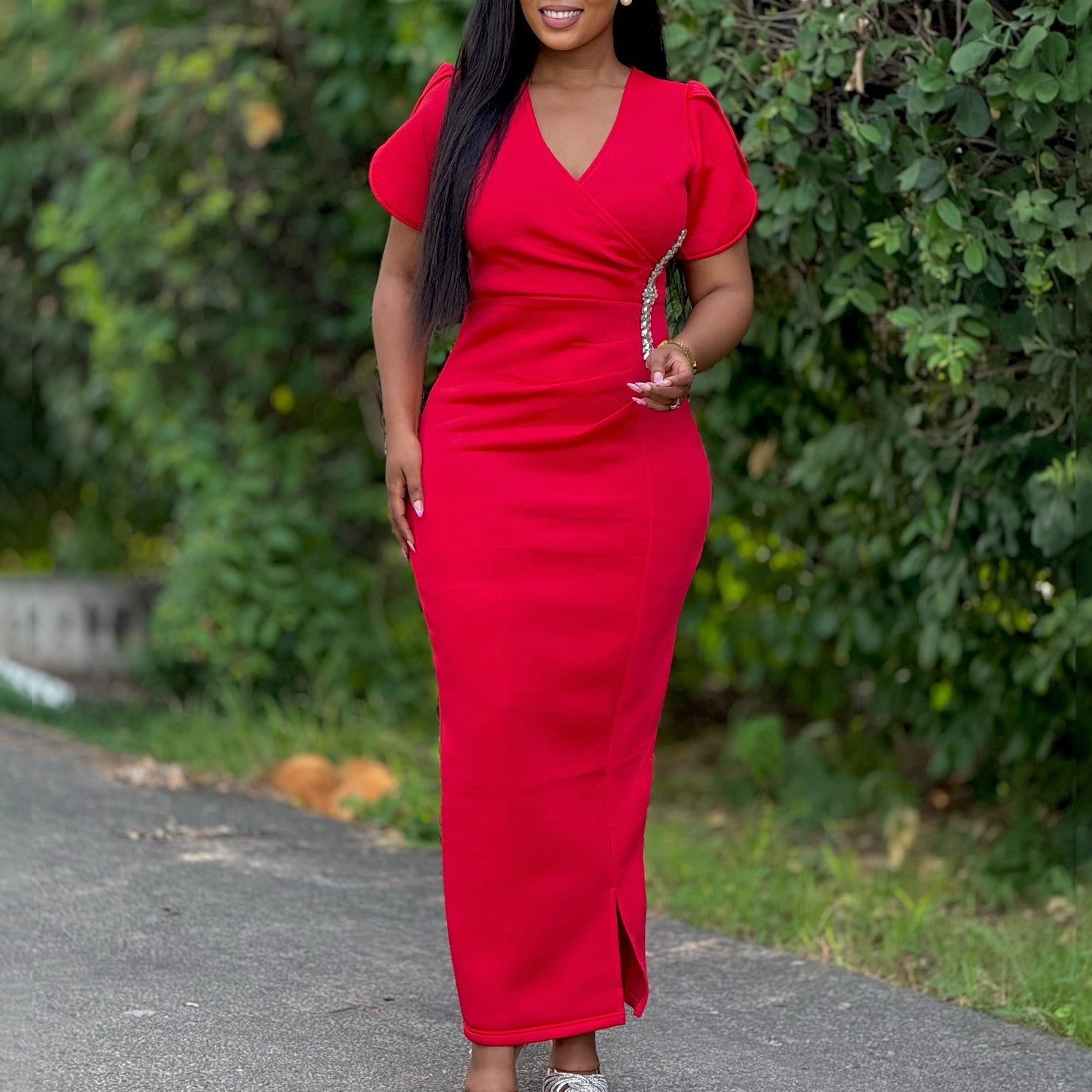 Women's Chic Fashion V-Neck Beaded African Formal Party Dress 5