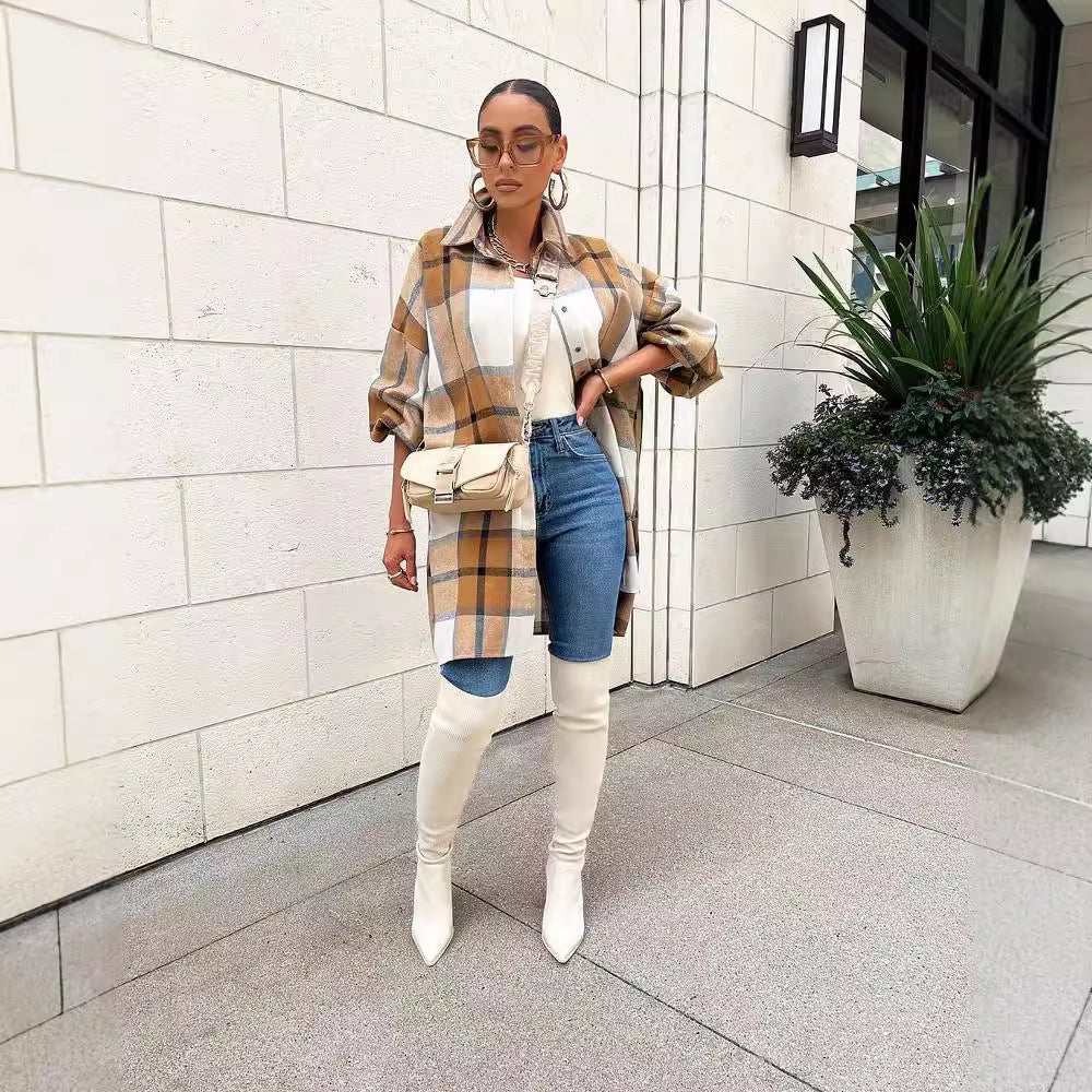 Women Plaid Cardigan Long Jacket