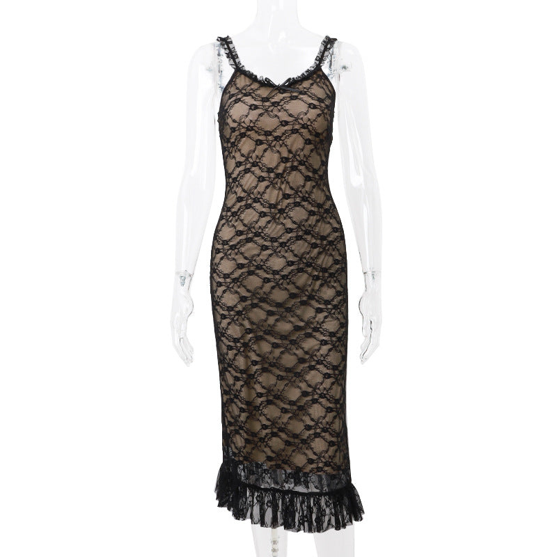 Women autumn sexy v-neck Lace mesh Patchwork Strap Dress 8