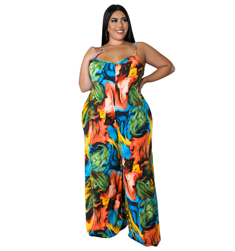 Plus Size Women summer suspender print Jumpsuit with belt 9