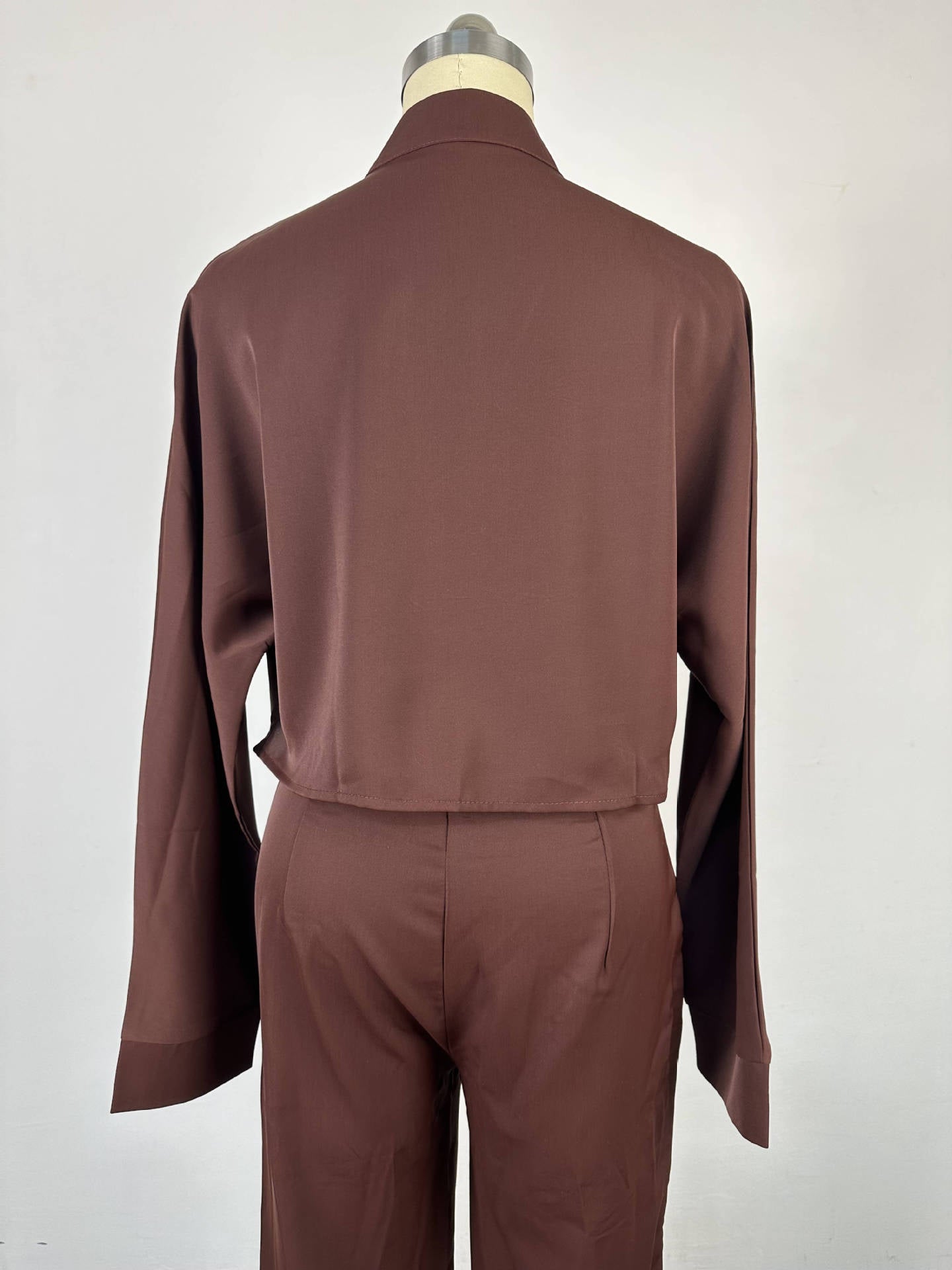 Women Autumn Solid Turndown Collar long-sleeved shirt and wide-leg Pant Casual two-piece set 16