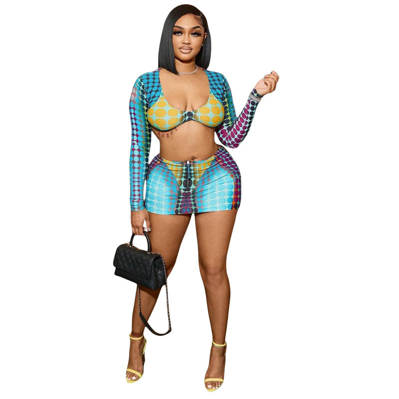 Spring Ladies Low Neck Digital Printing Long Sleeves Slim Fit Casual Skirt Set 7
