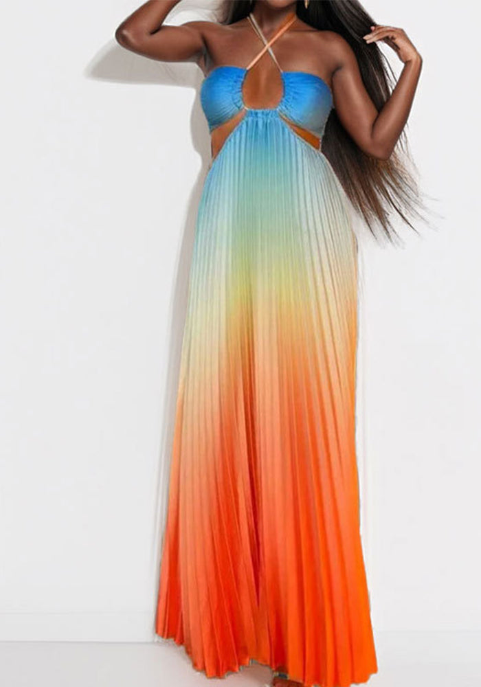 Women summer gradient Halter Neck pleated beach Holidays Maxi Dress