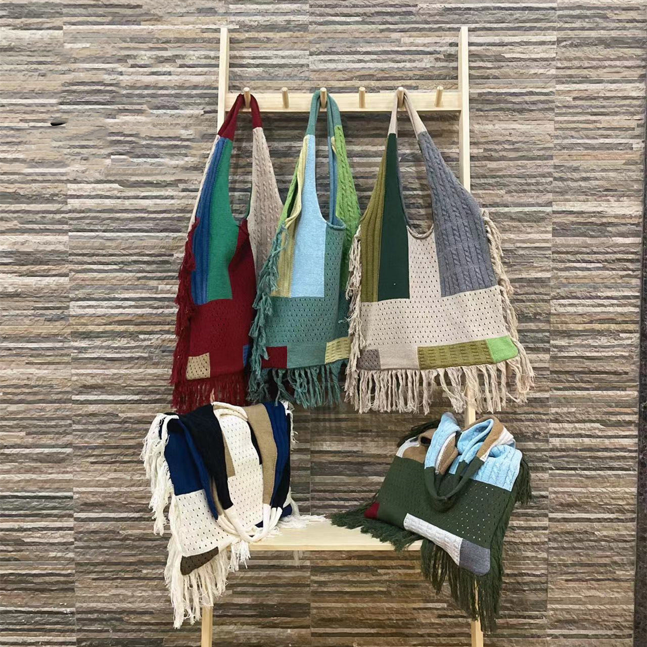 Fringed Women Patchwork Knitting Handbag Single Shoulder Bag Retro Knitting Bag 9