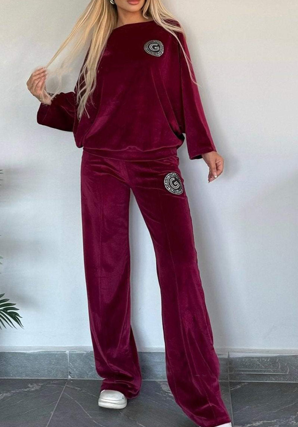 Women's Spring And Autumn Solid Color Velvet Round Neck Bat Sleeves Casual Two-Piece Pants Sets 4