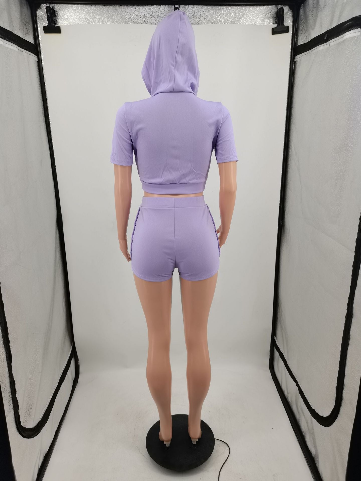 Women's Solid Color Fashion Casual Hooded Zipper Two-Piece Shorts Set 16