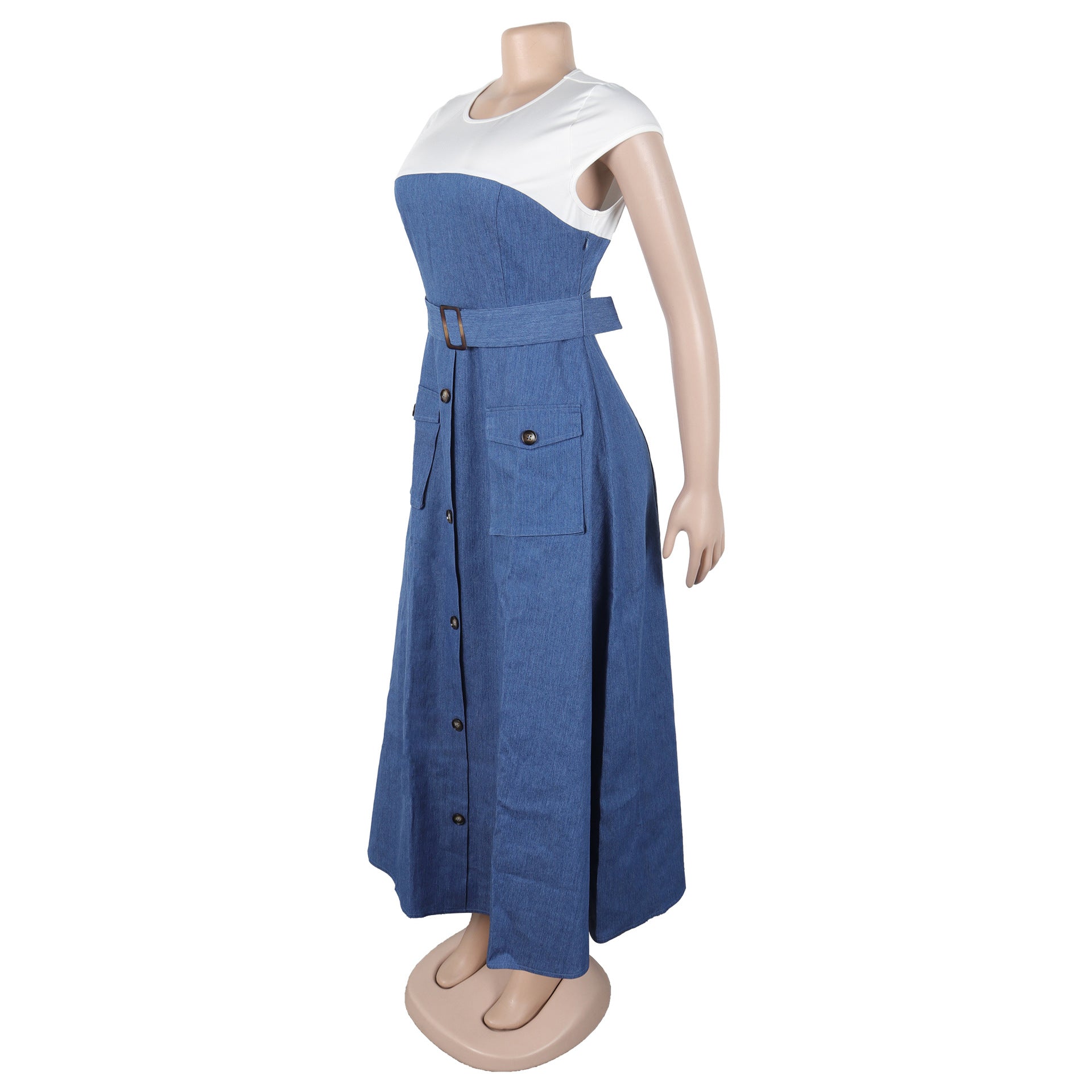 Elegant Career Denim Patchwork Contrast Color Pocket A-Line Dress 7