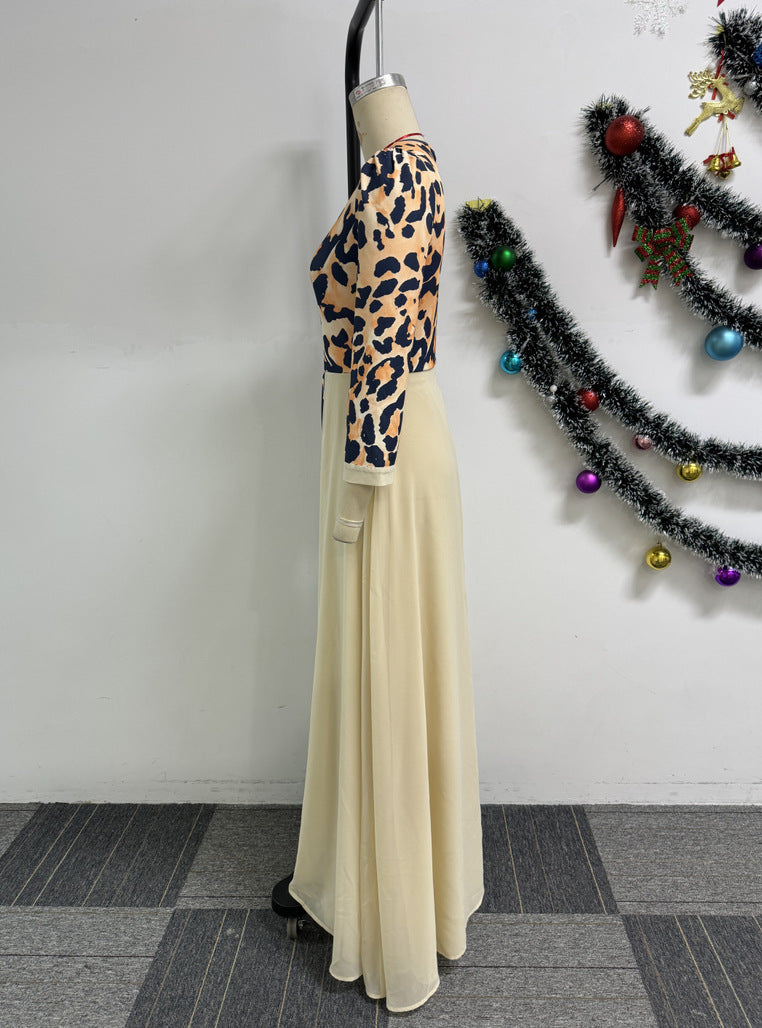 Elegant Career Leopard Patchwork Chiffon Maxi Dress 8