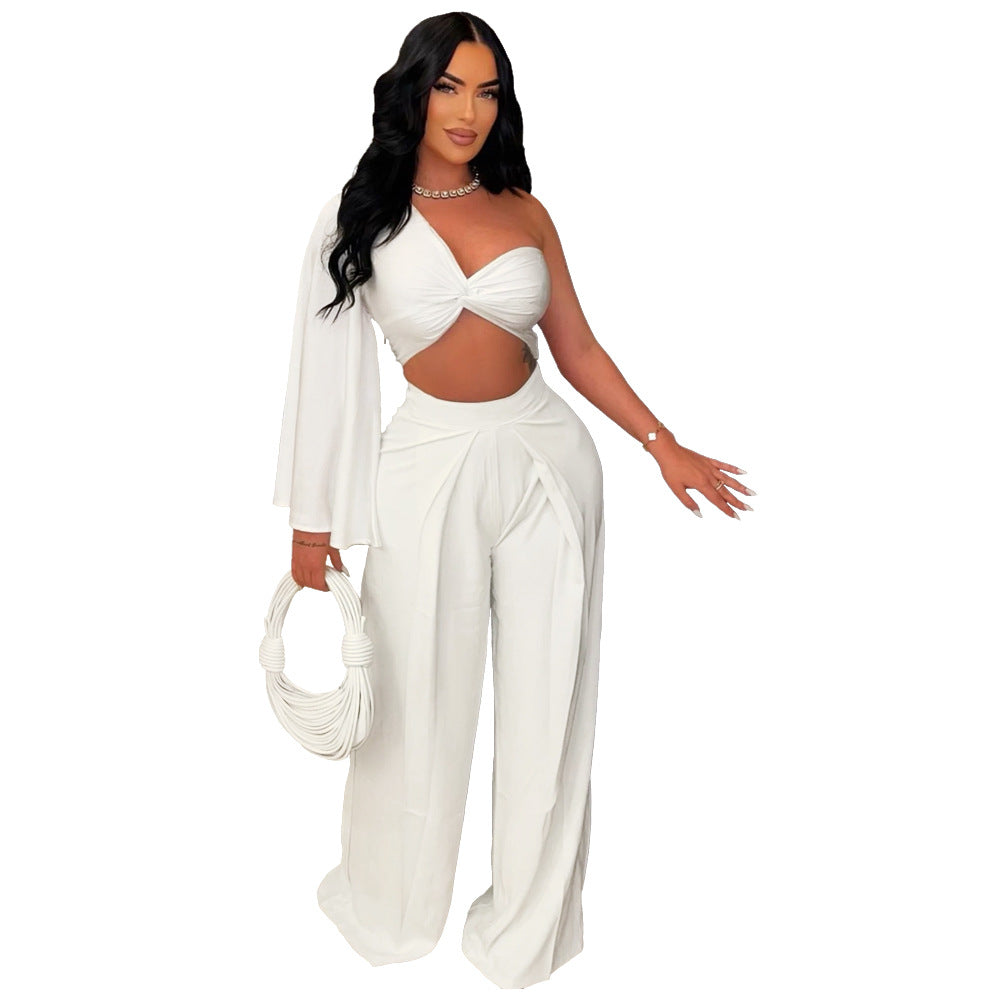 Women Casual Solid One-Shoulder Pleated Top and Pant Two-Piece Set 7
