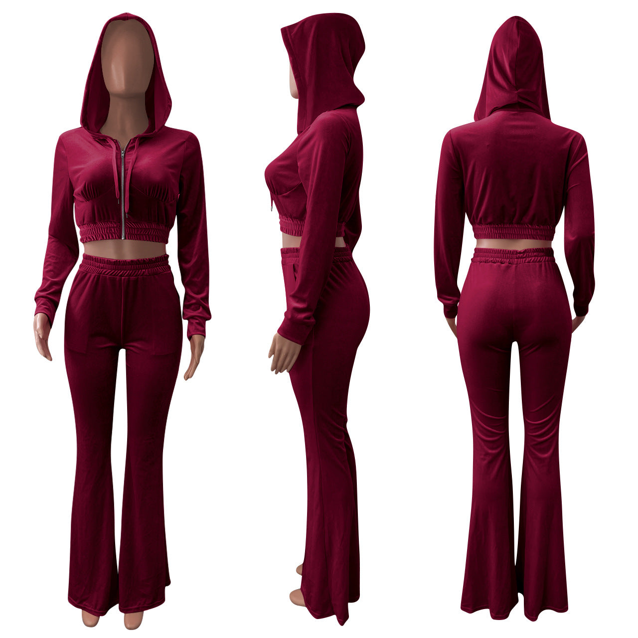 Women's Velvet Hooded Top Wide-Leg Pants Sports Casual Two Piece Set 11