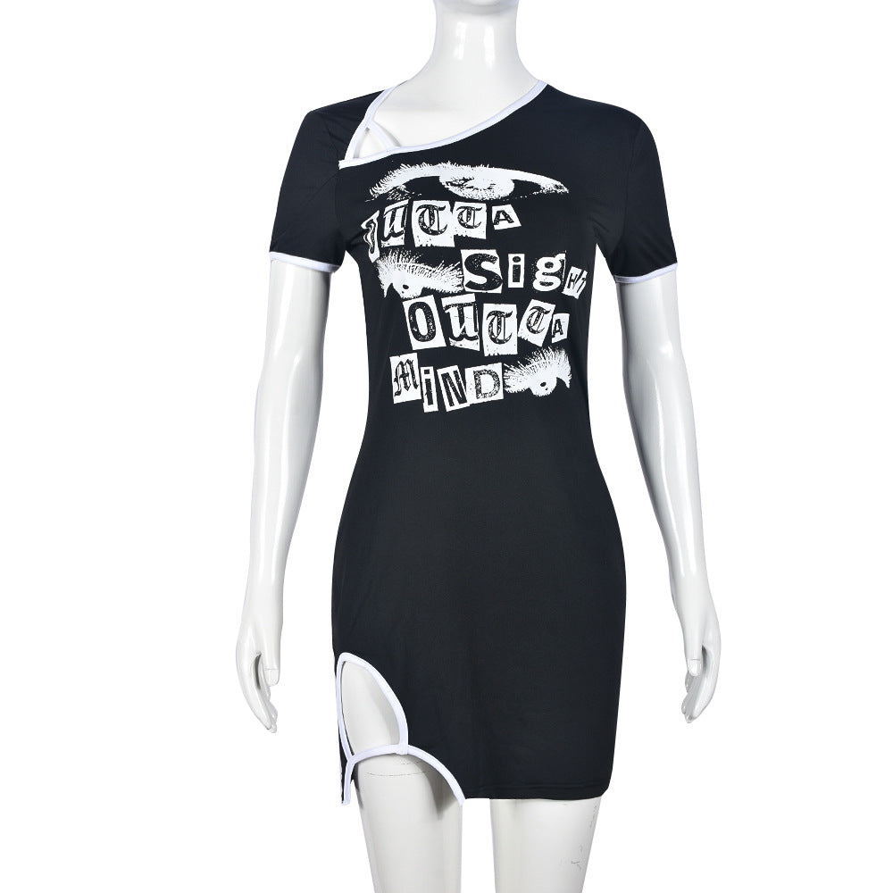 Women printed slit contrast color short sleeve sexy bodycon dress 9