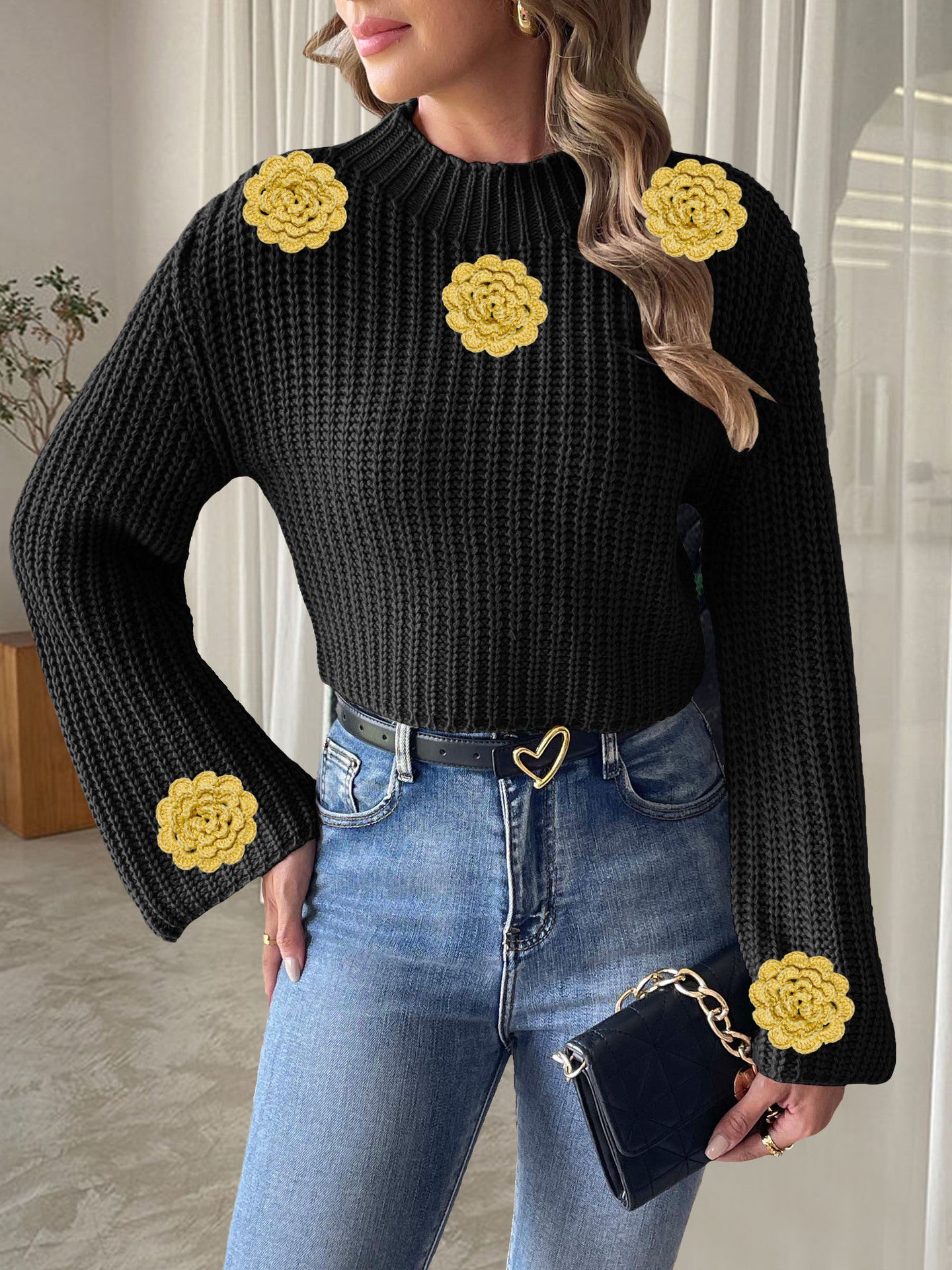 Women's Short Crop Knit Sweater Autumn Winter Crochet Patchwork Bell Sleeve Mock Neck Pullover Top 6