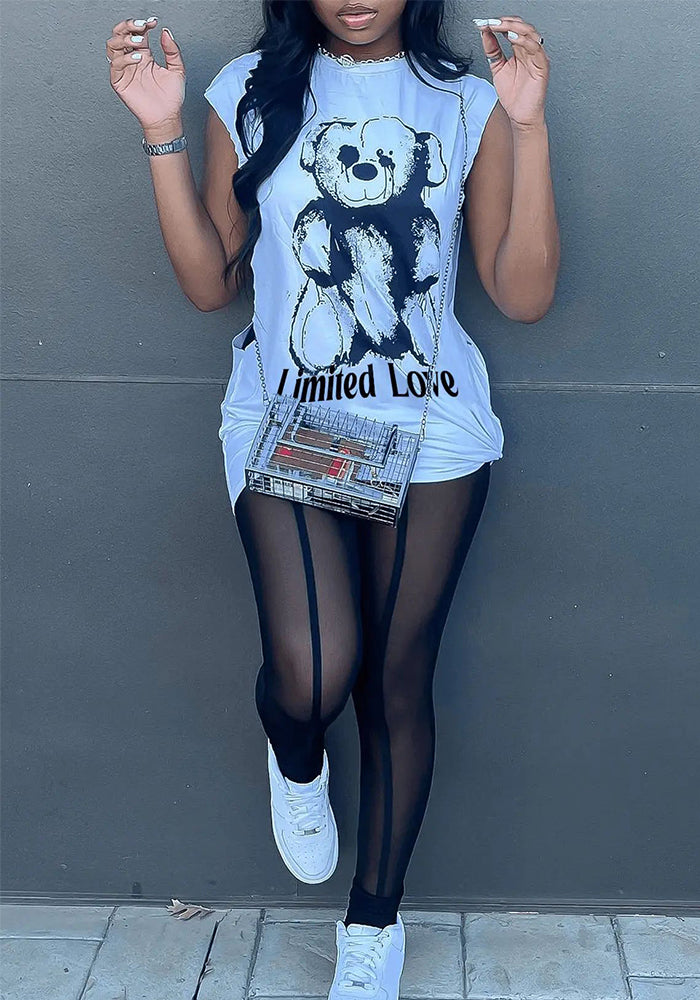 Women's Letter Bear Printed Sleeveless Round Neck Two Piece Mesh Pants Set